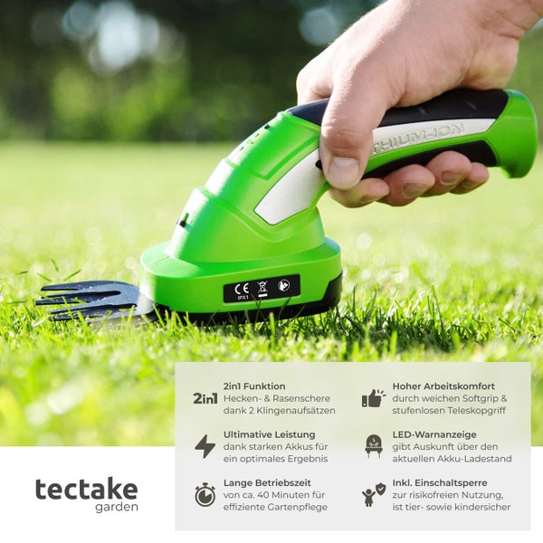 Akkubetriebene Heckenschere und Grasschere mit Tectake Garten Logo