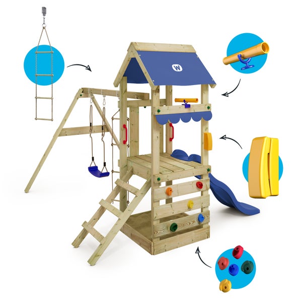 WICKEY Spielturm Klettergerüst FreshFlyer mit Schaukel und Rutsche, Kletterturm mit Sandkasten, Kletterleiter und Spiel-Zubehör - blau