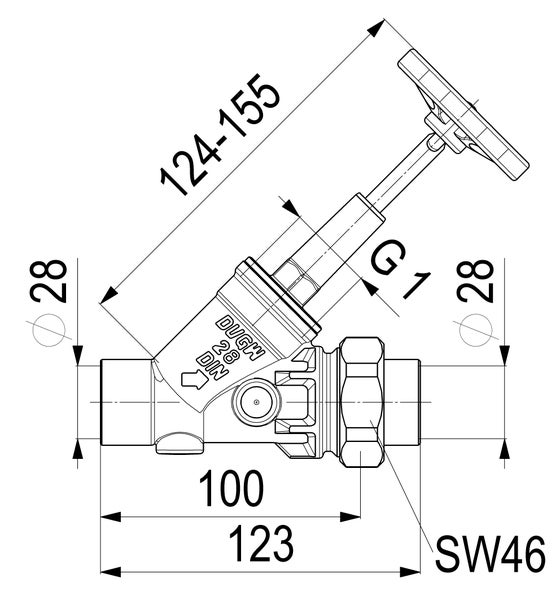 Technische Zeichnung eines Schrägsitzventils mit Maßen: Breite 123 Millimeter, Durchmesser 28 Millimeter, Grifflänge 124 bis 155 Millimeter.