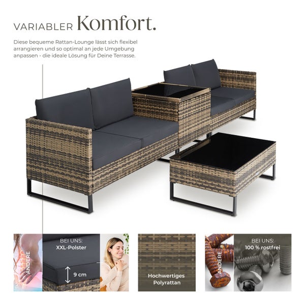 Rattan Lounge Set mit schwarzen Polstern und Glasplatten für den Außenbereich