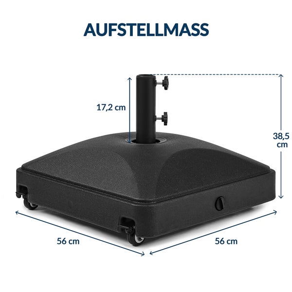 Sonnenschirmständer mit Rollen, Abmessungen 56 mal 56 Zentimeter, Gesamthöhe 38,5 Zentimeter, Rohrhöhe 17,2 Zentimeter.