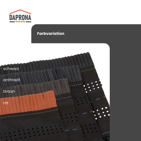 Daprona Logo, Farbvarianten von Firstband für das Dach in Schwarz, Anthrazit, Braun und Rot.