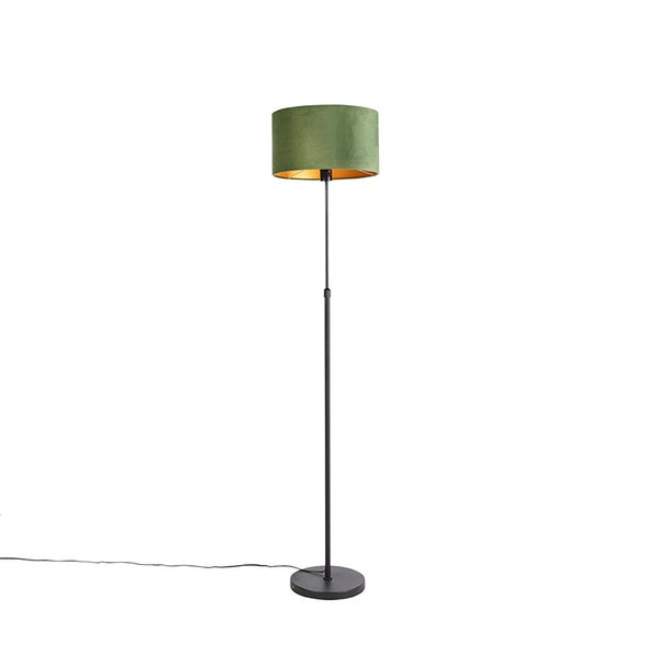 QAZQA - Landhaus I Vintage I Rustikal Stehleuchte I Stehlampe I Standleuchte I Lampe I Leuchte schwarz mit Veloursschirm grün mit Gold I Messing 35 cm - Parte I Wohnzimmer I Schlafzimmer - Stahl Zylin