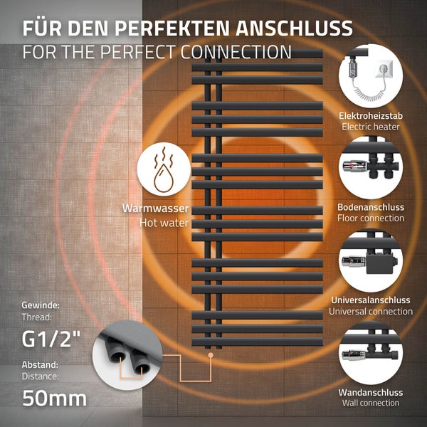 ECD Germany Iron EM Design Badheizkörper Elektrisch mit Heizstab 1200 W - 600 x 1400 mm - Anthrazit - Designheizkörper Paneelheizkörper Heizkörper Handtuchwärmer Handtuchtrockner