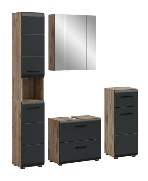 Badezimmermöbel Set Eiche Optik und Anthrazit: Hochschrank, Spiegelschrank, Waschbeckenunterschrank, Seitenschrank.