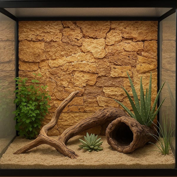 Terrarium mit strukturierter Rückwand in Steinoptik, Sandboden, Wurzelholz, hohlem Baumstamm und verschiedenen Grünpflanzen.