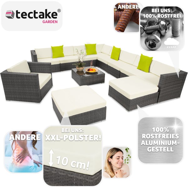 Rattan Lounge tectake Las Vegas mit Sicherheitsglasplatte mit Aluminiumgestell grau
