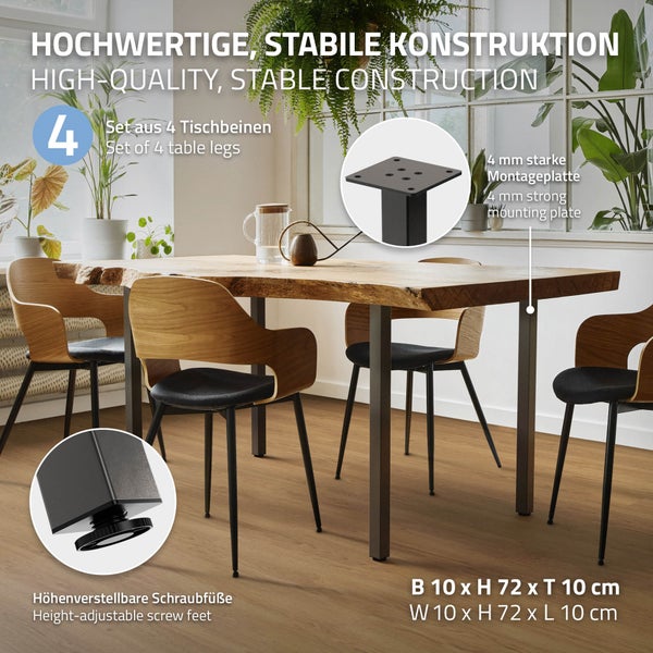 ML-Design 4er Set Tischbeine I-Design 72 cm, Dunkelgrau, Optik Industrial, Stahl, pulverbeschichtet, Profil 4x4 cm, Höhenverstellbare Möbelfüße 1-4cm, Möbelbeine für Esstisch Schreibtisch Arbeitstisch