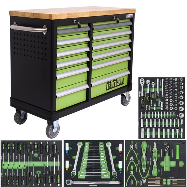 Werkstattwagen DELUXE 2 x 6 Schubladen bestückt 92x123 cm mit massiver Arbeitsplatte