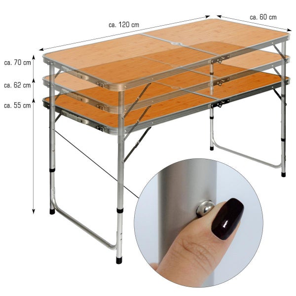 AMANKA klappbarer stabiler Campingtisch 120x60x70cm höhenverstellbar tragbar Kofferformat Aluminium Bambus