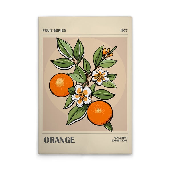 Dekorative Grafik mit Orangen, Blättern und Blüten für eine Galerieausstellung