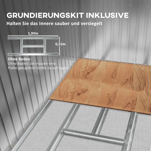 Outsunny Gerätehaus 2,42 m², Gartenhaus mit Lüftungsfenster, Schiebetür, Fundament, 213 x 130 x 159/172 cm, Geräteschuppen aus Verzinkter Stahl, wetterfest, für Garten, Grün