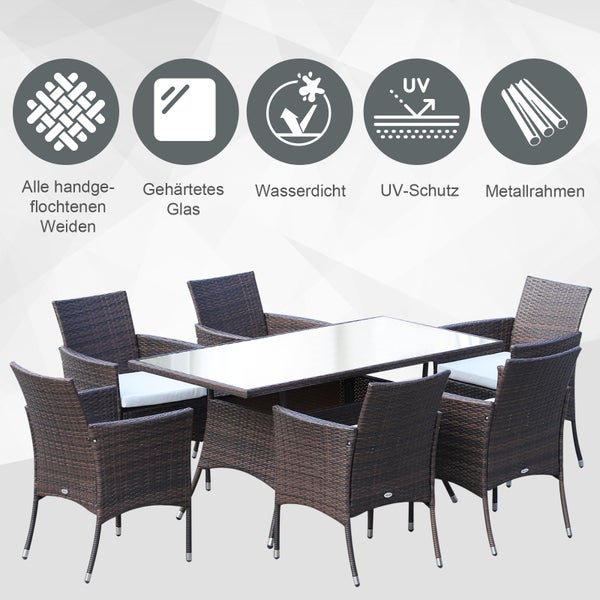 Outsunny 7tlg. Polyrattan Gartenmöbel, Rattan Gartenset, für 6 Personen, 150 x 80 x 74 cm, PE-Rattan, Metall, Braun+Creamweiß