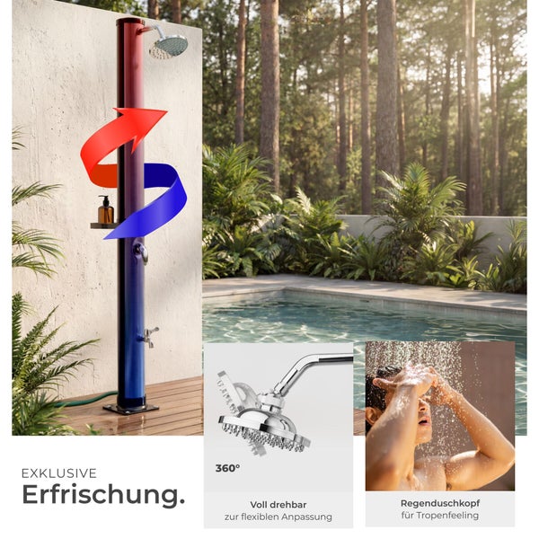 Solardusche mit 360 Grad verstellbarem Regenduschkopf und Fußbrause in einem hellen Garten mit Pool.