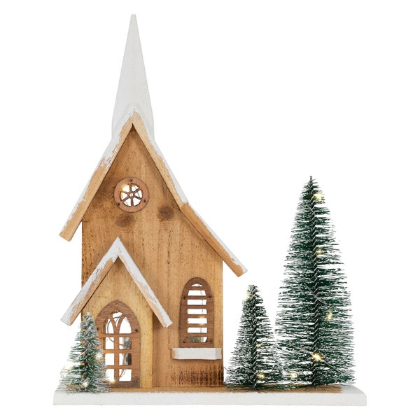 ECD Germany Holz-Weihnachtshaus mit LED-Beleuchtung, Warmweiß, 28x9x34 cm, batteriebetrieben, Timer, Deko Holzhaus 3 Tannen, Dekorative Winterhaus beschneit, Weihnachtsdeko Innen, Weihnachtsdekoration