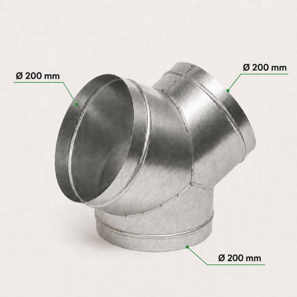 Hosenstück aus verzinktem Stahlblech für Lüftungsrohre, Durchmesser 200 Millimeter.