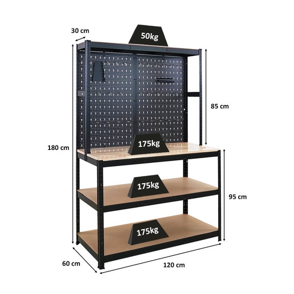 PROREGAL Profi Werkbank GIANT BEAST Mit Lochwand HxBxT 180x120x60cm Fachlast 175kg inkl. Werkzeughalter Set Schwarz