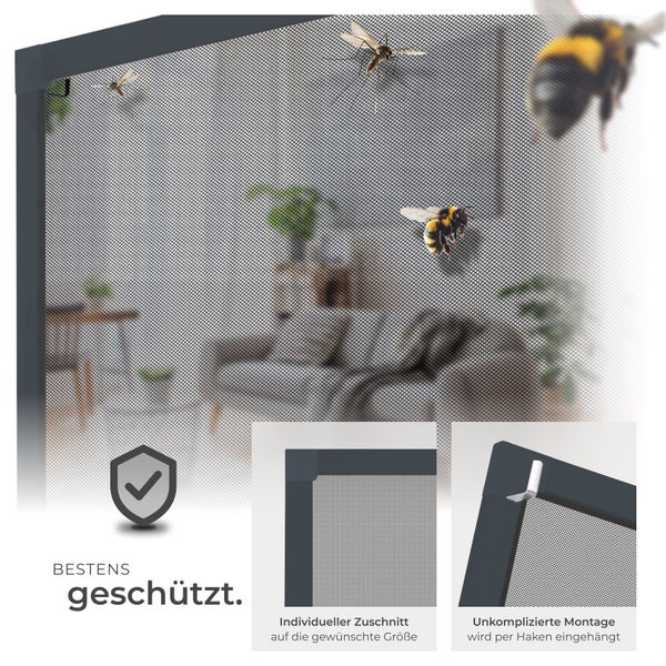 Insektenschutzgitter mit feinmaschigem Gewebe, individuellem Zuschnitt und einfacher Hakenmontage für optimalen Schutz vor Insekten.