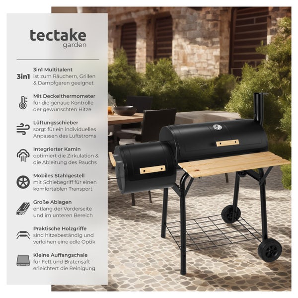 Holzkohlegrill tectake  115 x 67 x 115 cm 3 in 1, zum Grillen, Räuchern, Garen, mit 2 Rädern schwarz