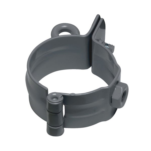 Graue Pfostenschelle aus beschichtetem Metall mit Schraube und Öse zur Befestigung von Zäunen oder Rohren.