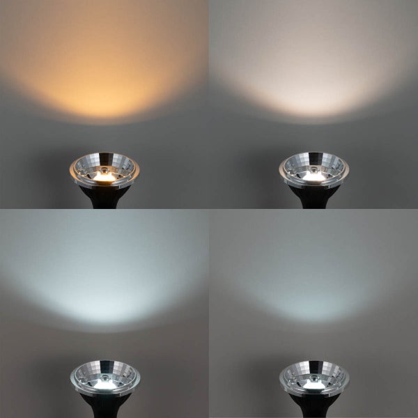 Vierfache Darstellung eines LED-Strahlers mit unterschiedlichen Farbtemperaturen von warmweiß bis tageslichtweiß.