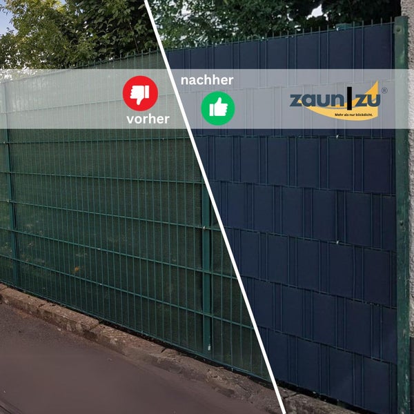 Vorher-Nachher-Vergleich eines Zauns mit Zaunblenden von Zaun zu Logo.
