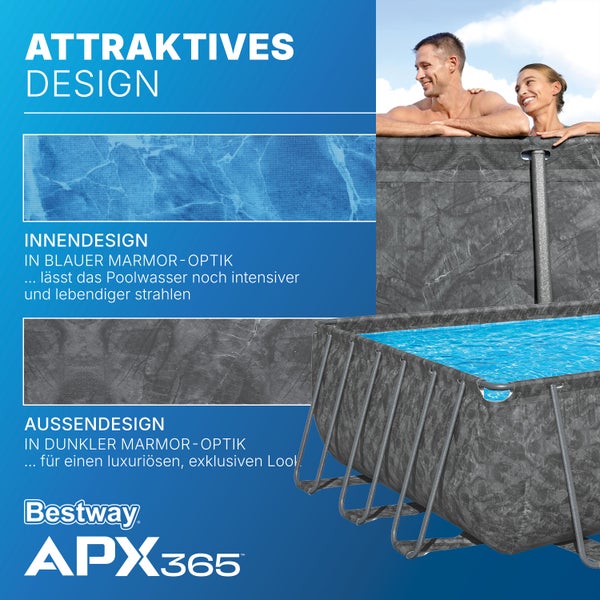 Bestway Logo. Bestway Aufstellpool APX365 mit dunkler Marmor-Optik außen und blauer Marmor-Optik innen. Ein Paar lehnt am Poolrand.