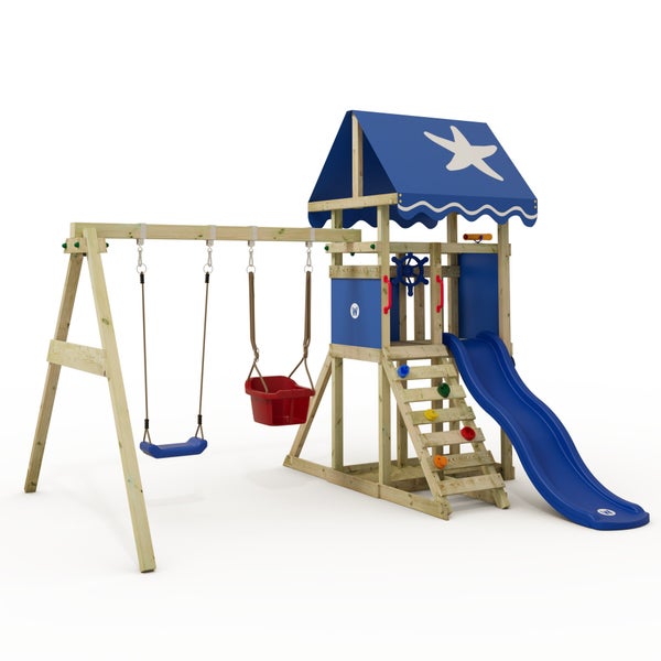 WICKEY Spielturm Klettergerüst DinkyStar mit Schaukel und Rutsche, Kletterturm mit Sandkasten, Leiter und Spiel-Zubehör - blau
