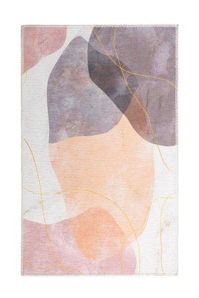 Abstrakter Teppich mit organischen Formen und feinen gelben Linien.