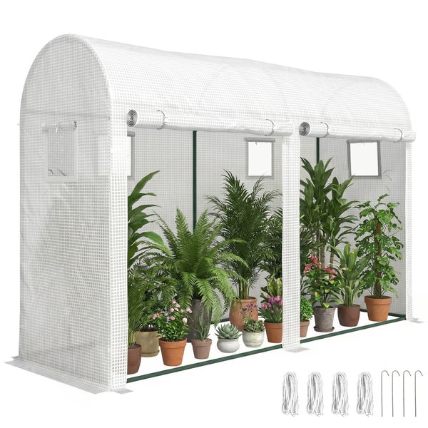 Folientunnel Gewächshaus mit Gitterfolie für Pflanzen inklusive Befestigungsmaterial mit Schnüren und Erdankern für den Garten