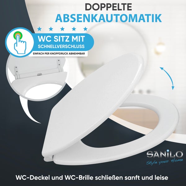 WC-Sitz mit doppelter Absenkautomatik und Schnellverschluss per Knopfdruck abnehmbar. Sanilo Logo.