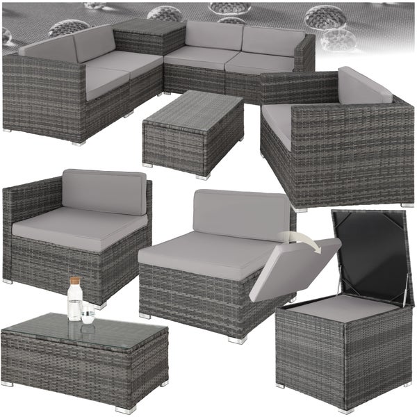 Rattan Lounge tectake Pisa inklusive großer Aufbewahrungsbox für 5 Personen grau