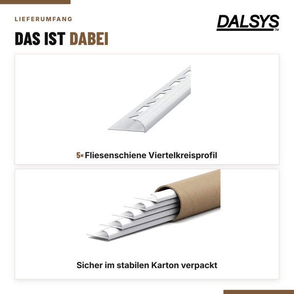 Dalsys Fliesenschiene Viertelkreisprofil, 5 Stück im stabilen Karton verpackt für den sicheren Transport und Schutz der Profile.