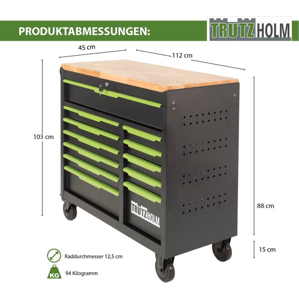 Trutzholm Werkstattwagen mit elf Schubladen. Breite 112 Zentimeter, Tiefe 45 Zentimeter, Höhe 103 Zentimeter, Gewicht 94 Kilogramm.