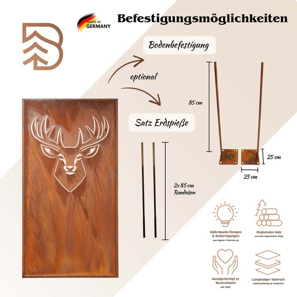 Sichtschutzwand aus Edelrost mit Hirschmotiv und Illustration der Befestigungsoptionen mit Erdspießen oder Bodenplatten von 85 Zentimeter Länge.