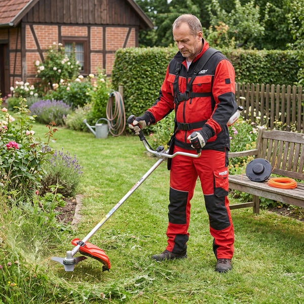 Ein Mann benutzt einen Rasentrimmer mit Metallklinge in einem Garten. Auf einer Bank liegen Trimmerfaden und Spule.