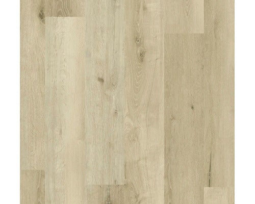 Laminatboden in heller Eichenoptik mit sichtbarer Maserung und Astlöchern.