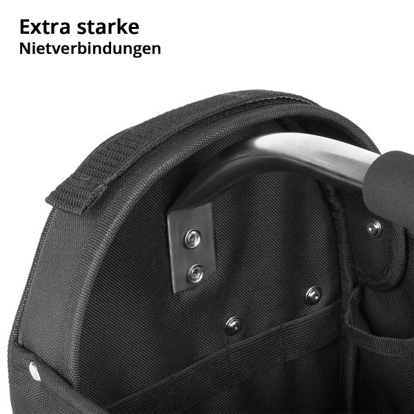 Detailansicht einer schwarzen Werkzeugtasche mit Nietverbindungen und Metallgriff