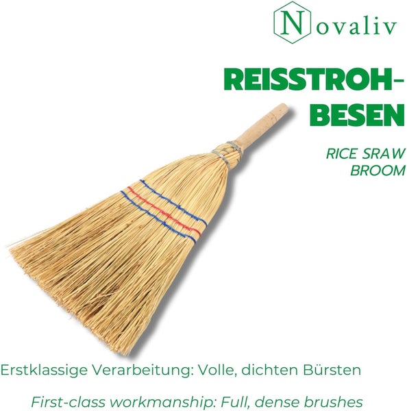 Novaliv Reisstrohbesen mit Holzstiel und dichten Naturborsten.