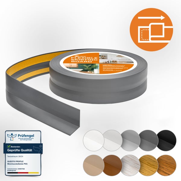 Quest Profile selbstklebende Weichsockelleiste aus PVC in Rollenform mit Prüfsiegel der Prüfengel GmbH.