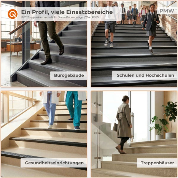 PVC-Treppenkantenprofil für 3 Millimeter Bodenbeläge in Bürogebäuden, Schulen, Gesundheitseinrichtungen und Treppenhäusern. Q Logo und PMW Logo.