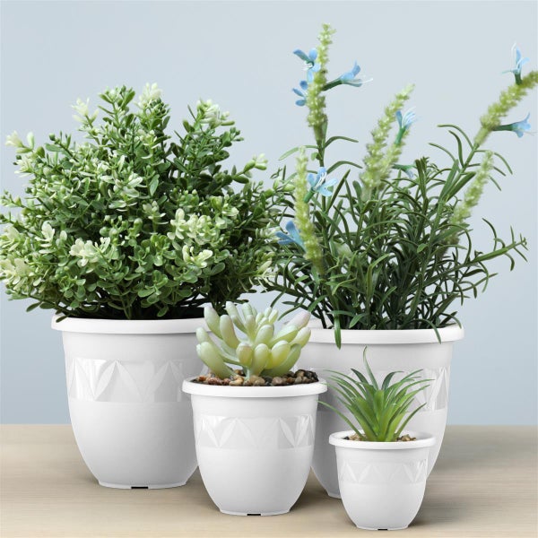 Vier weiße Übertöpfe mit verschiedenen Pflanzen
