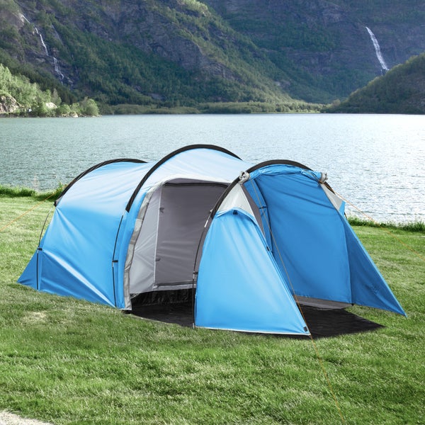 Outsunny Campingzelt, für 2-3 Personen, 190T Tunnelzelt Campingzelt mit Heringen, Glasfaser, Polyester, 426 x 206 x 154 cm, Hellblau