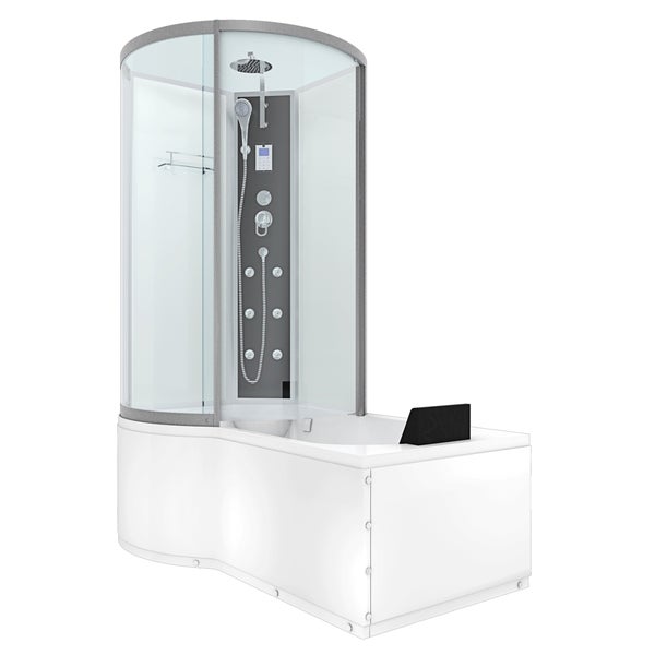 Dusch-Badewannen-Kombination mit Glaskabine, Massagedüsen, Regenduschkopf und weißer Badewanne mit schwarzer Nackenstütze.