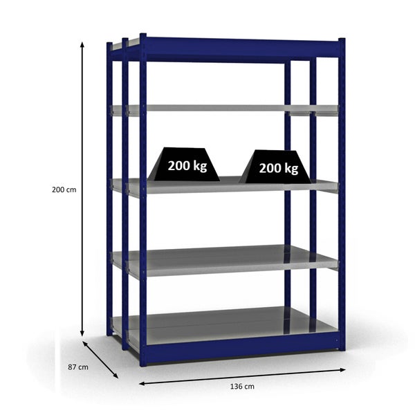 PROREGAL Fachbodenregal Stecksystem Vierkant-Profil Grundregal HxBxT 200 x 132,5 x 40 cm 2x5 Ebenen Doppelseitige Bauart Fachlast 200 kg Enzianblau