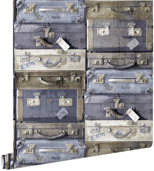 ESTAhome Tapete Vintage Koffer Blau und Braun - 53 cm x 10,05 m - 138215