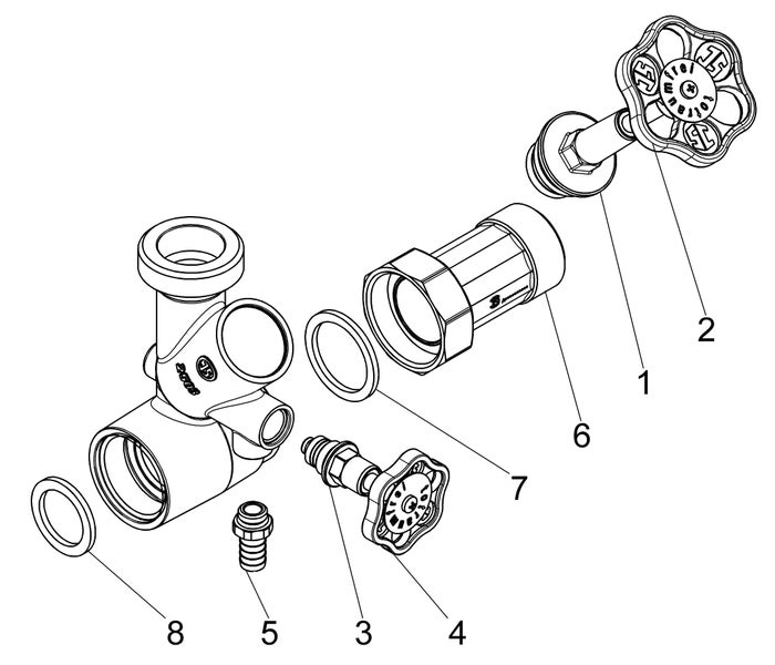 Explosionszeichnung einer Sanitaerarmatur mit nummerierten Einzelteilen wie Ventilen, Dichtungen und Gehaeuseteilen.