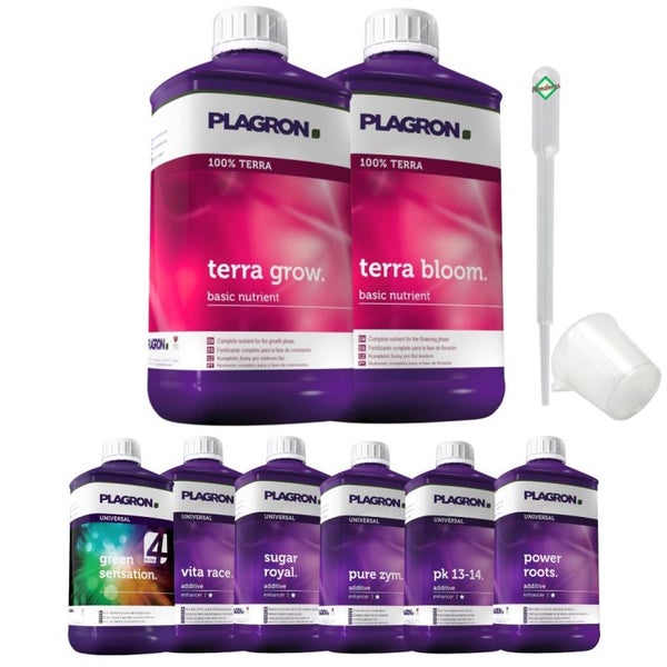 Plagron Terra XL 8-Teiliges Dünger Set – Komplettset für optimales Pflanzenwachstum & Blüte | Für Anfänger geeignet, inklusive Terra Grow, Bloom, Power Roots, Vita Race & Green Sensation