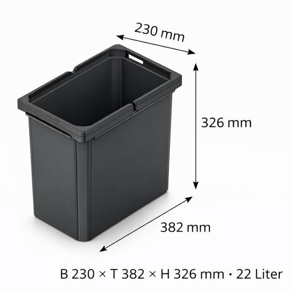 Schwarzer Abfalleimer mit Maßen: Breite 230 Millimeter, Tiefe 382 Millimeter, Höhe 326 Millimeter, Volumen 22 Liter.