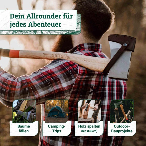 Person mit Adler Axt auf der Schulter, Anwendungen: Bäume fällen, Camping, Holz spalten bis 30 Zentimeter Durchmesser und Outdoor Bauprojekte.